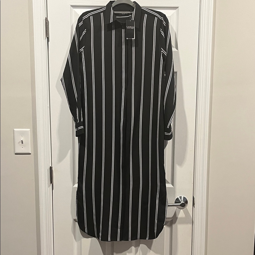 Lauren Ralph‎ Lauren Black and White Charmeuse Shirt Long Sleeve Dress size 6